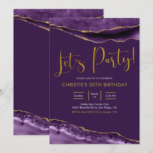 Invitation Élégant Purple et Gold Agate Faisons la fête (Devant / Derrière)