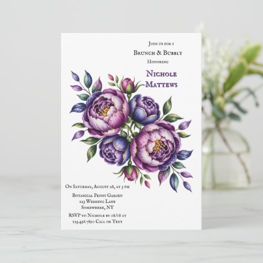 Invitation Elégant Purple et Magenta Peony Brunch et Bubbly (Debout devant)