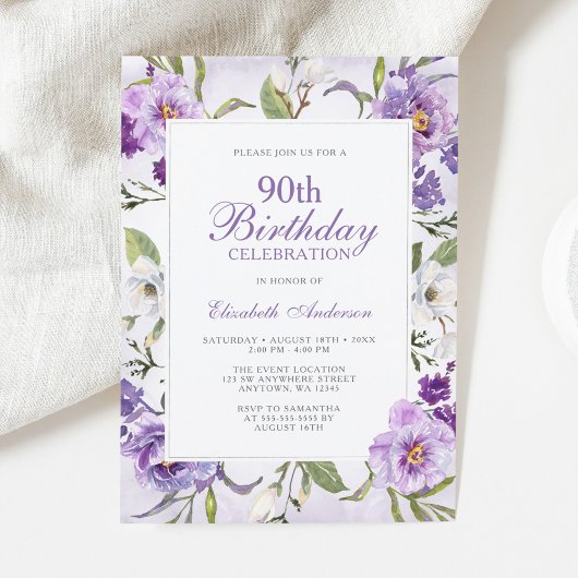 Invitation Élégant Purple Floral Botanique 90e anniversaire