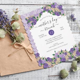 Invitation Elégant Purple Floral dentelle Fête des Mères Brun