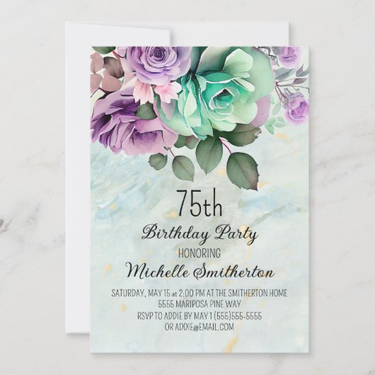 Invitation Élégant Purple Floral Mint Green 75e anniversaire (Devant)