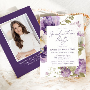 Invitation Élégant Purple Floral Photo Party