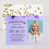 Invitation Élégant Purple Floral Photo Party Retraite (Devant / Derrière)