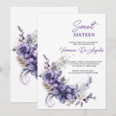 Invitation Élégant Purple Floral Sweet 16 Anniversaire Vintag (Devant / Derrière)