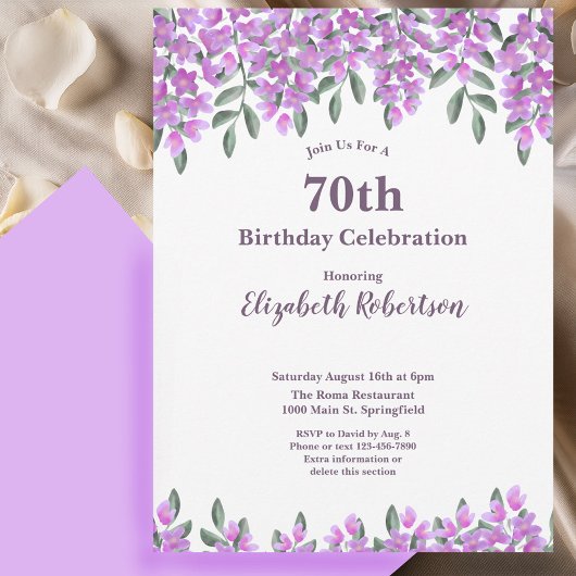 Invitation Elegant Purple Flowers Women's 70th Birthday