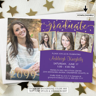 Invitation Élégant Purple Gold 4 Photo Confetti Diplômé