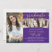 Invitation Élégant Purple Gold 4 Photo Confetti Diplômé (Devant)
