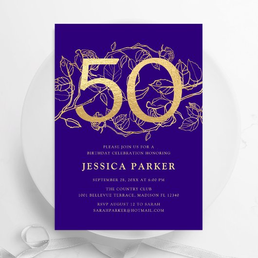 Invitation Elégant Purple Gold 50e anniversaire