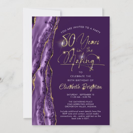 Invitation Élégant Purple Gold Agate Script 80e anniversaire (Devant)
