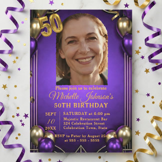 Invitation Elegant Purple & Gold Balloons Photo 50th Birthday
