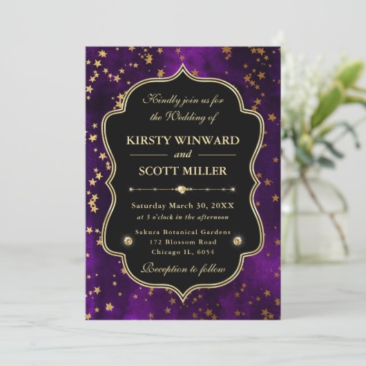 Invitation Elegant Purple & Gold Celestial Starry Wedding (Debout devant)