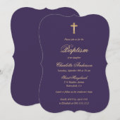 Invitation Élégant Purple Gold Cross Script Girl Baptême (Devant / Derrière)