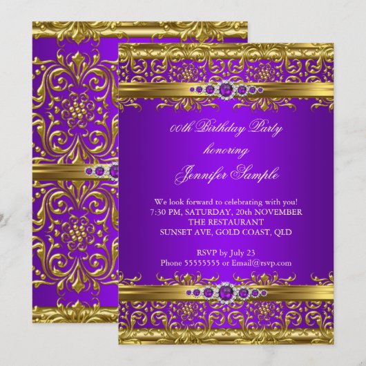 Invitation Elégant Purple Gold Damask Diamond Anniversaire (Devant / Derrière)