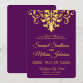 Invitation Elegant Purple Gold Mariage damassé (Devant / Derrière)