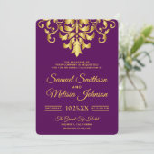 Invitation Elegant Purple Gold Mariage damassé (Debout devant)