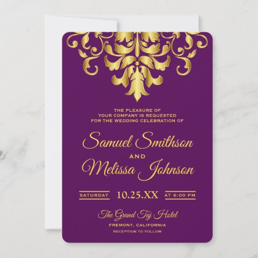 Invitation Elegant Purple Gold Mariage damassé (Devant)