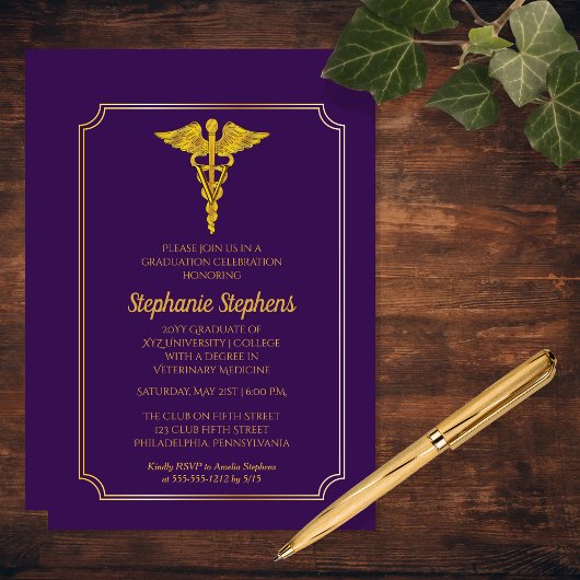 Invitation Elégant Purple Gold Médecine vétérinaire Grad Part