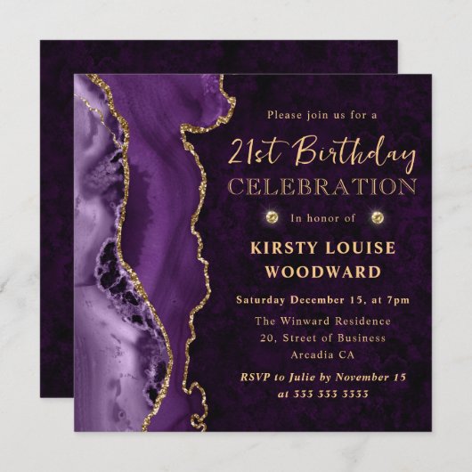 Invitation Élégant Purple & Gold Parties scintillant Agate 21 (Devant / Derrière)