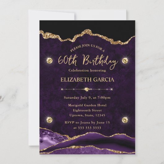 Invitation Élégant Purple & Gold Parties scintillant Agate 60 (Devant)