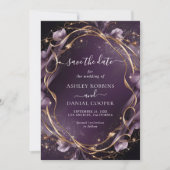 Invitation Elegant Purple Golden Floral Frame Save The Date (Devant)