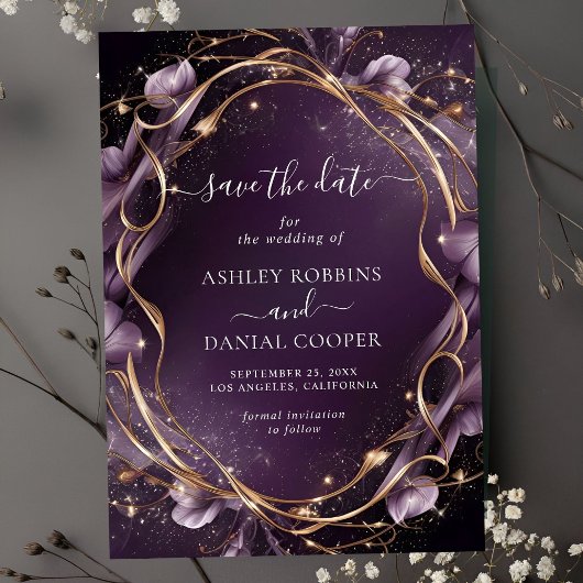 Invitation Elegant Purple Golden Floral Frame Save The Date