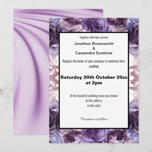 INVITATION ÉLÉGANT PURPLE LILAC SATIN MARIAGE FLORAL (Devant / Derrière)