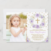 Invitation Élégant Purple Or Floral Première Communion Baptêm (Devant)