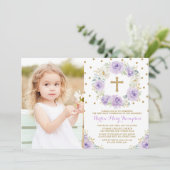 Invitation Élégant Purple Or Floral Première Communion Baptêm (Debout devant)