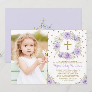 Invitation Élégant Purple Or Floral Première Communion Baptêm