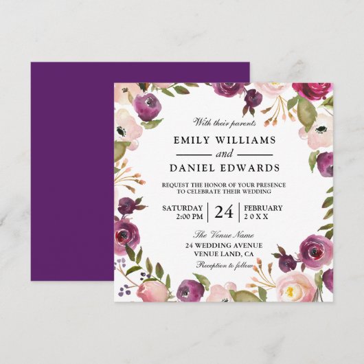 Invitation Elégant Purple Peach Pink Floral Mariage Invitatio (Devant / Derrière)