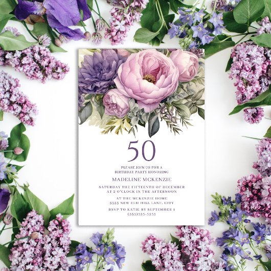 Invitation Élégant Purple Rose Floral 50e anniversaire