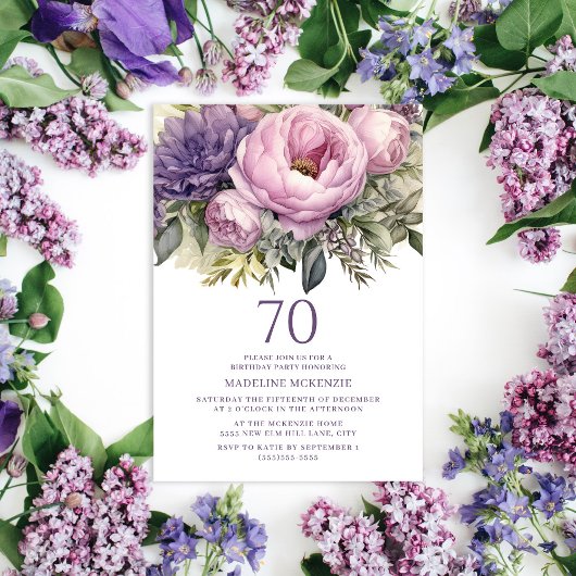 Invitation Élégant Purple Rose Floral 70e anniversaire