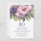 Invitation Élégant Purple Rose Floral 80e anniversaire (Devant)