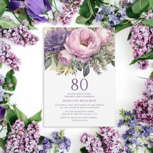 Invitation Élégant Purple Rose Floral 80e anniversaire