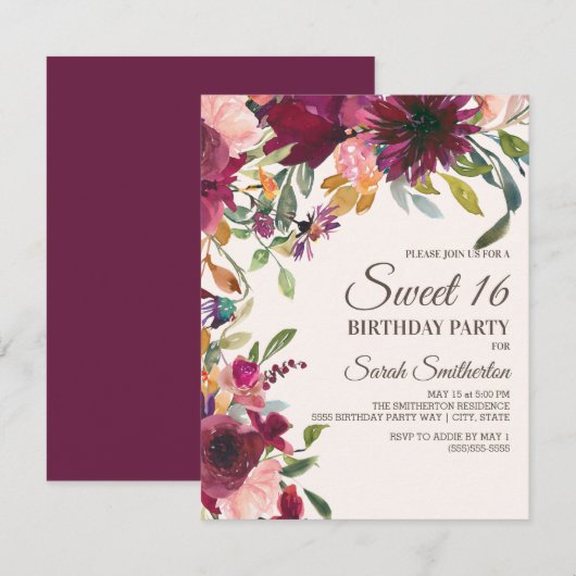 Invitation Élégant Purple Rose Or Floral Script Sweet 16 (Devant / Derrière)