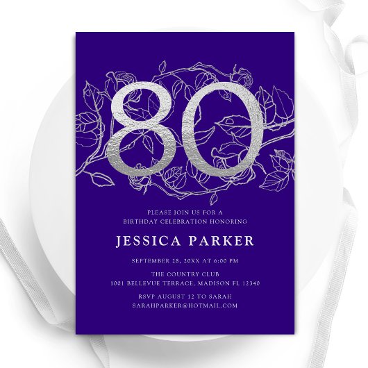 Invitation Elégant Purple Silver 80e anniversaire