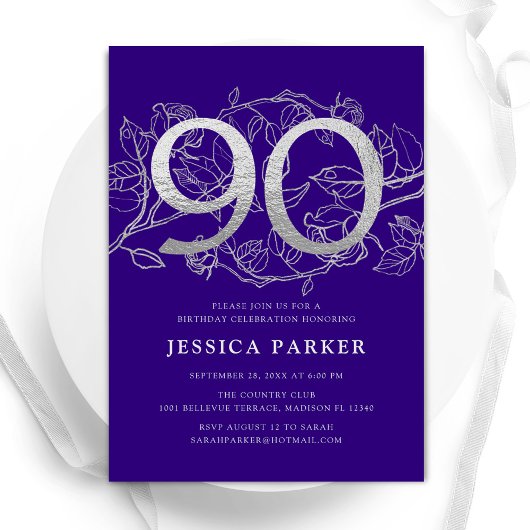 Invitation Elégant Purple Silver 90e anniversaire