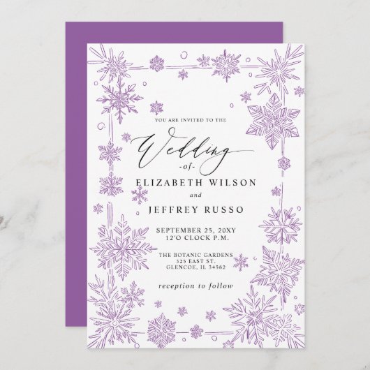 Invitation Elegant Purple snowflakes Winter Wedding (Devant / Derrière)