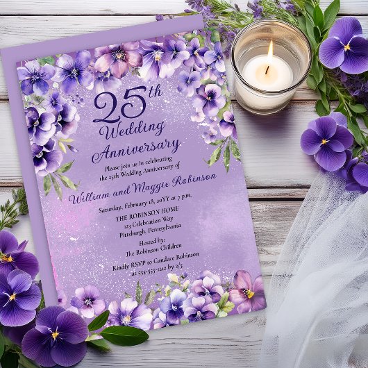 Invitation Elegant Purple Violets 25th Wedding Anniversary 