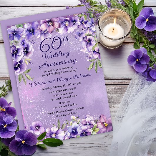Invitation Elegant Purple Violets 60th Wedding Anniversary 
