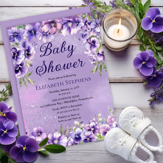 Invitation Elegant Purple Violets Floral Baby Shower
