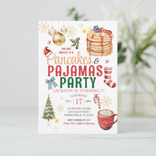 Invitation Elégant Pyjamas de crêpes de Noël blanc Anniversai (Debout devant)