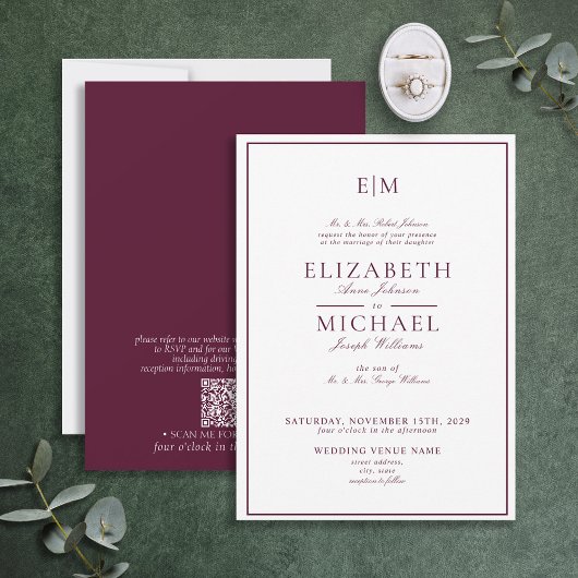 Invitation Élégant QR Code Burgundy Classic Monogram Mariage