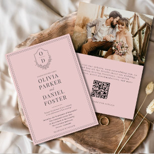 Invitation Élégant QR Code Crest Blush Pink Photo Mariage