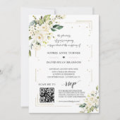 Invitation Elégant QR Code Fleurs blanches Mariage or (Devant)