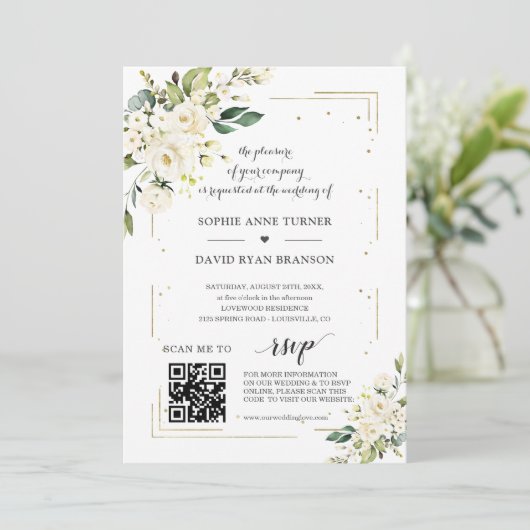 Invitation Elégant QR Code Fleurs blanches Mariage or (Debout devant)