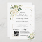 Invitation Elégant QR Code Fleurs blanches Mariage or (Devant / Derrière)
