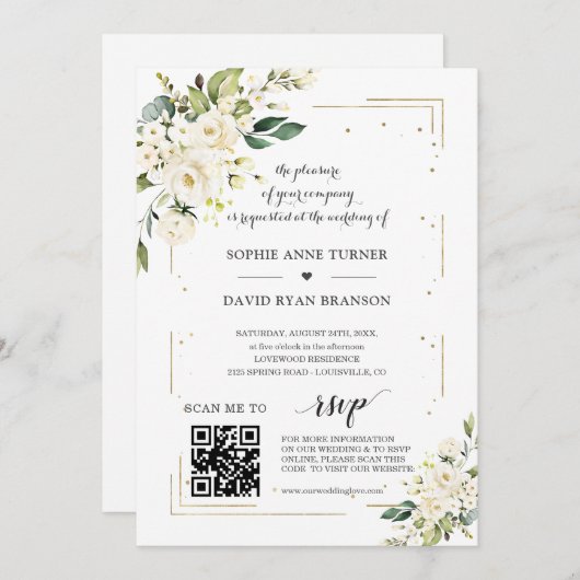 Invitation Elégant QR Code Fleurs blanches Mariage or (Devant / Derrière)
