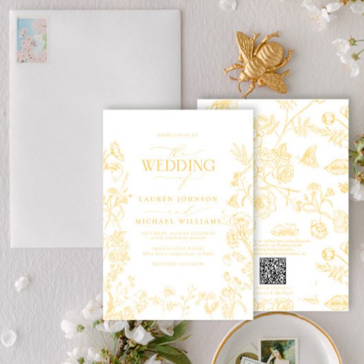 Invitation Elégant QR Code Gold Chinoiserie Floral Mariage