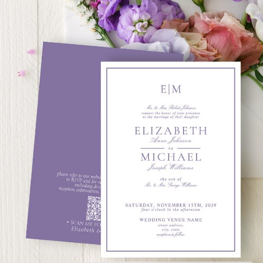 Invitation Élégant QR Code Lavender Classic Monogram Mariage